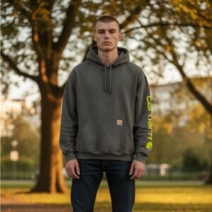 Carhartt Dark Gray Hoodie with Yellow Sleeve Logo